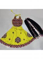 Art Silk Lemon Yellow Navratri Wear Kutchi Work Readymade Kids Lehenga Choli